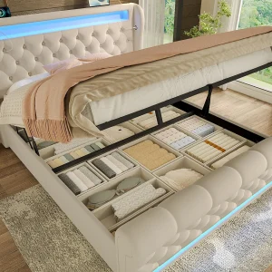 Gestofferd opbergbed 140x200cm – met LED – met USB- en Type-C-poorten – Velvet – Beige Gestofferd opbergbed 140x200cm – met LED – met USB- en Type-C-poorten – Velvet – Beige