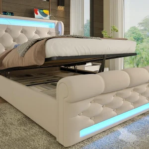 Gestofferd opbergbed 90x200cm – met LED – met USB- en Type-C-poorten – Velvet – Beige Gestofferd opbergbed 90x200cm – met LED – met USB- en Type-C-poorten – Velvet – Beige