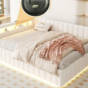 Gestoffeerde slaapbank 140×200 cm – met LED-verlichting en USB-oplaadmogelijkheid – Fluweel – Beige (zonder matras) Gestoffeerde slaapbank 140×200 cm – met LED-verlichting en USB-oplaadmogelijkheid – Fluweel – Beige (zonder matras)