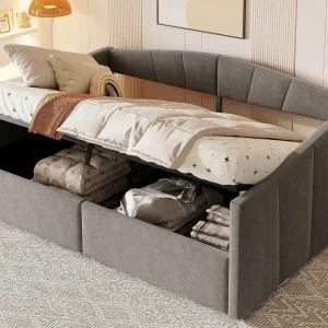 Gestoelde slaapbank 140×200 cm – met lattenbodem – fluweel stof – grijs (matras niet inbegrepen) Gestoelde slaapbank 140×200 cm – met lattenbodem – fluweel stof – grijs (matras niet inbegrepen)