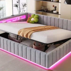 Gestoffeerde slaapbank 140×200 cm – met LED-verlichting en USB-oplaadmogelijkheid – Fluweel – Grijs (zonder matras) Gestoffeerde slaapbank 140×200 cm – met LED-verlichting en USB-oplaadmogelijkheid – Fluweel – Grijs (zonder matras)