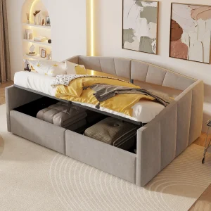 Gestoffeerde tweepersoonsslaapbank – 140 x 200 cm – met hydraulische opbergruimte + armleuningen – fluweel + metaal + multiplex + MDF – lichtgrijs Gestoffeerde tweepersoonsslaapbank – 140 x 200 cm – met hydraulische opbergruimte + armleuningen – fluweel + metaal + multiplex + MDF – lichtgrijs