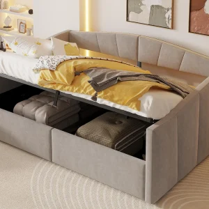 Gestoelde slaapbank 140×200 cm – met lattenbodem – fluweel stof – lichtgrijs (matras niet inbegrepen) Gestoelde slaapbank 140×200 cm – met lattenbodem – fluweel stof – lichtgrijs (matras niet inbegrepen)