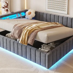 Gestoffeerde slaapbank 140×200 cm – met LED-verlichting en USB-oplaadmogelijkheid – Fluweel – Donkergrijs (zonder matras) Gestoffeerde slaapbank 140×200 cm – met LED-verlichting en USB-oplaadmogelijkheid – Fluweel – Donkergrijs (zonder matras)