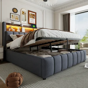 Gestoffeerd tweepersoonsbed met opbergruimte – 180 x 200 cm – met ledverlichting + USB-aansluiting – linnen + metaal + multiplex + MDF – grijs Gestoffeerd tweepersoonsbed met opbergruimte – 180 x 200 cm – met ledverlichting + USB-aansluiting – linnen + metaal + multiplex + MDF – grijs