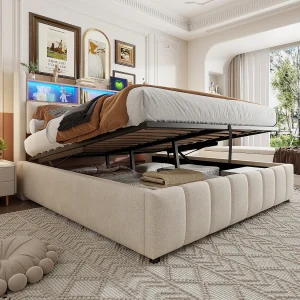 Gestoffeerd tweepersoonsbed met opbergruimte – 180 x 200 cm – met ledverlichting + USB-aansluiting – linnen + metaal + multiplex + MDF – beige Gestoffeerd tweepersoonsbed met opbergruimte – 180 x 200 cm – met ledverlichting + USB-aansluiting – linnen + metaal + multiplex + MDF – beige