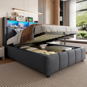 Gestoffeerd bed met opbergruimte – 90 x 200 cm – met ledverlichting + USB-aansluiting + hoofdbord met opbergplanken – linnen + metaal + multiplex + MDF – grijs Gestoffeerd bed met opbergruimte – 90 x 200 cm – met ledverlichting + USB-aansluiting + hoofdbord met opbergplanken – linnen + metaal + multiplex + MDF – grijs