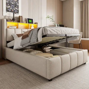 Gestoffeerd bed met opbergruimte – 90 x 200 cm – met ledverlichting + USB-aansluiting + hoofdbord met opbergplanken – linnen + metaal + multiplex + MDF – beige Gestoffeerd bed met opbergruimte – 90 x 200 cm – met ledverlichting + USB-aansluiting + hoofdbord met opbergplanken – linnen + metaal + multiplex + MDF – beige