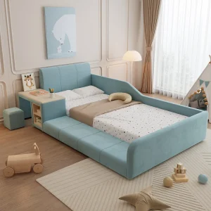 Gestoffeerd kinderbed – 90 x 200 cm – met bureau + kruk + opbergplank – zacht hoofdeinde – fluweel – blauw Gestoffeerd kinderbed – 90 x 200 cm – met bureau + kruk + opbergplank – zacht hoofdeinde – fluweel – blauw