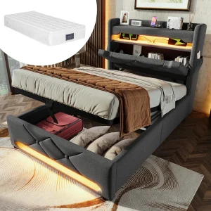 Gestoffeerd opbergbed – 90 x 200 cm – hoofdeinde met USB + Type-C + LED's – hydraulische opbergruimte – met matras – linnen – grijs Gestoffeerd opbergbed – 90 x 200 cm – hoofdeinde met USB + Type-C + LED's – hydraulische opbergruimte – met matras – linnen – grijs