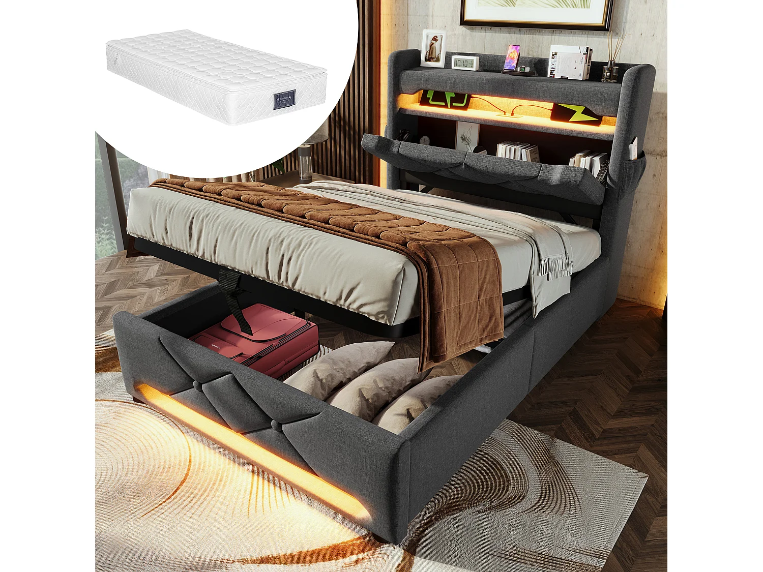 Gestoffeerd opbergbed - 90 x 200 cm - hoofdeinde met USB + Type-C + LED's - hydraulische opbergruimte - met matras - linnen - grijs