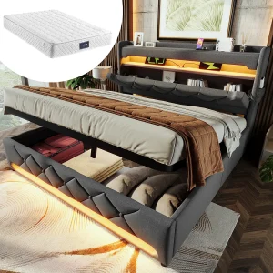 Gestoffeerd opbergbed – 140 x 200 cm – hoofdeinde met USB + Type-C + LED's – hydraulische opbergruimte – met matras – linnen – grijs Gestoffeerd opbergbed – 140 x 200 cm – hoofdeinde met USB + Type-C + LED's – hydraulische opbergruimte – met matras – linnen – grijs