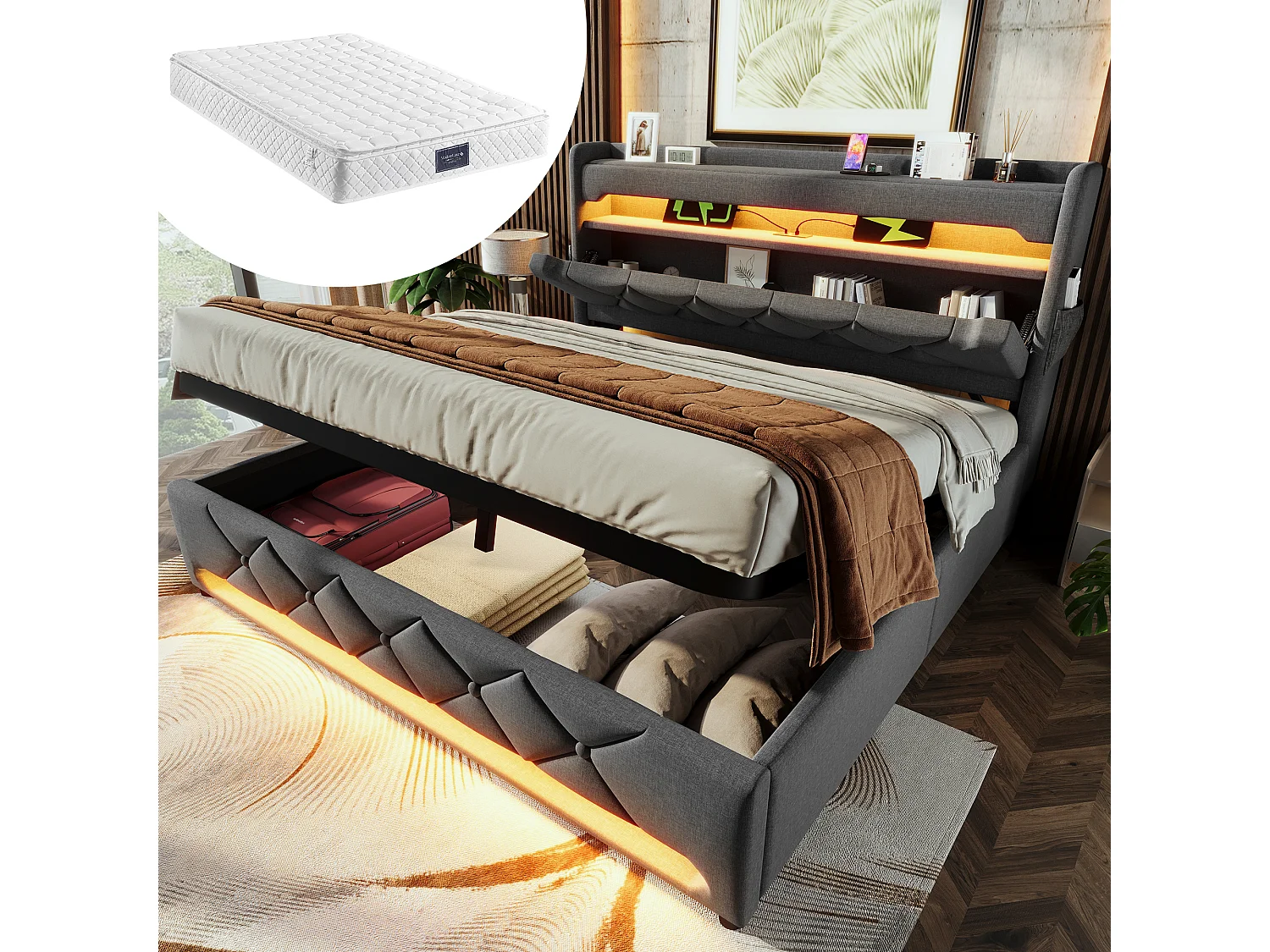 Gestoffeerd opbergbed - 140 x 200 cm - hoofdeinde met USB + Type-C + LED's - hydraulische opbergruimte - met matras - linnen - grijs