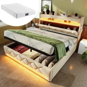 Gestoffeerd opbergbed – 140 x 200 cm – hoofdeinde met USB + Type-C + LED's – hydraulische opbergruimte – met matras – linnen – beige Gestoffeerd opbergbed – 140 x 200 cm – hoofdeinde met USB + Type-C + LED's – hydraulische opbergruimte – met matras – linnen – beige