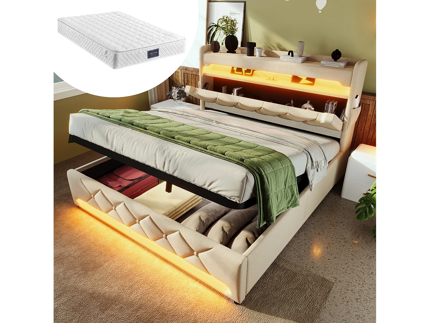 Gestoffeerd opbergbed - 140 x 200 cm - hoofdeinde met USB + Type-C + LED's - hydraulische opbergruimte - met matras - linnen - beige