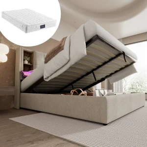 Gestoffeerd tweepersoonsbed met opbergruimte – 140 x 200 cm – Matras + Hoofdbord met USB – Linnen stof – natuurlijk Gestoffeerd tweepersoonsbed met opbergruimte – 140 x 200 cm – Matras + Hoofdbord met USB – Linnen stof – natuurlijk