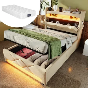 Gestoffeerd opbergbed – 90 x 200 cm – hoofdeinde met USB + Type-C + LED's – hydraulische opbergruimte – met matras – linnen – beige Gestoffeerd opbergbed – 90 x 200 cm – hoofdeinde met USB + Type-C + LED's – hydraulische opbergruimte – met matras – linnen – beige