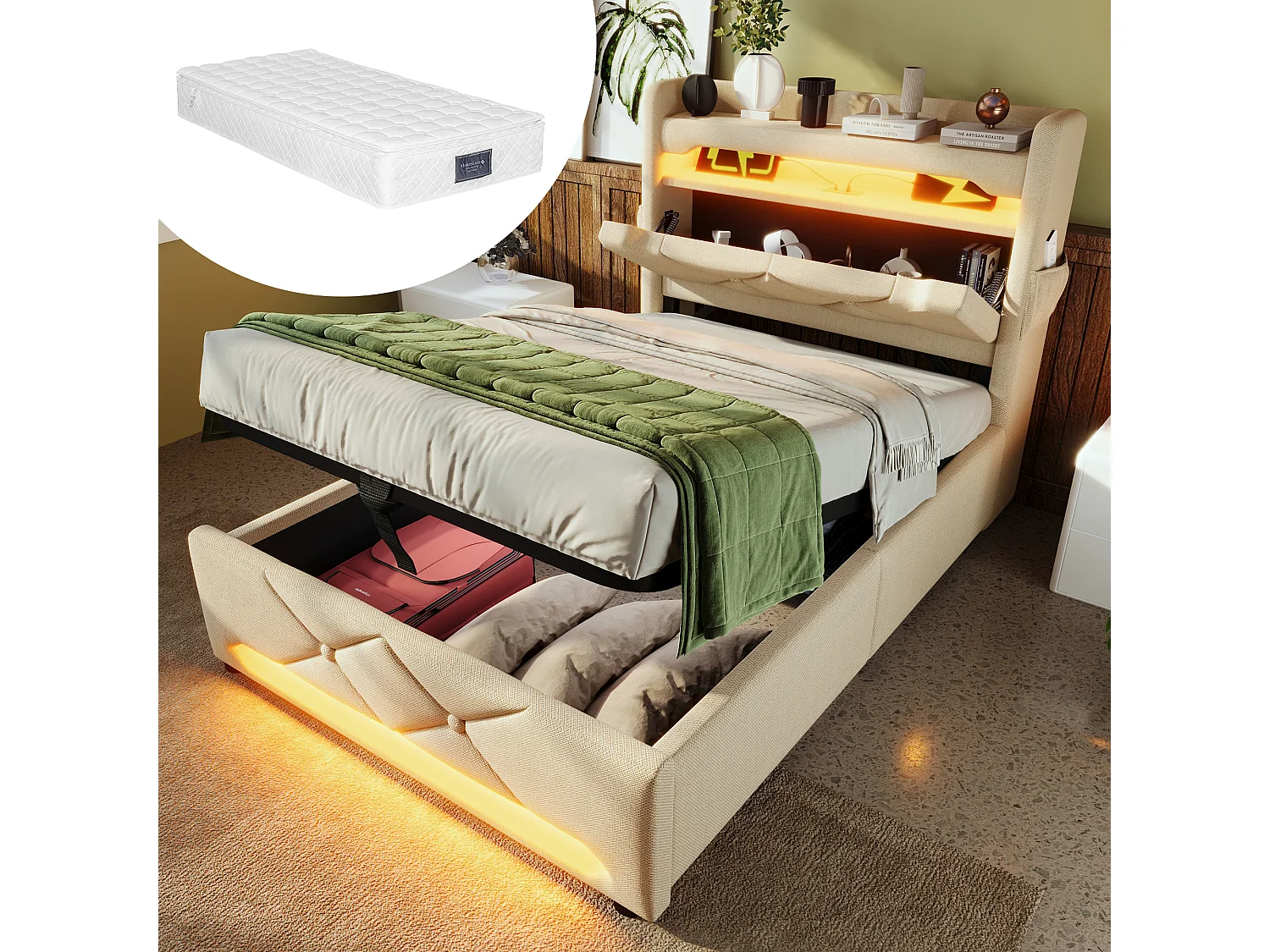 Gestoffeerd opbergbed - 90 x 200 cm - hoofdeinde met USB + Type-C + LED's - hydraulische opbergruimte - met matras - linnen - beige