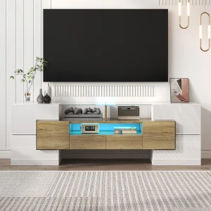 Glanzende tv-kast – Woonkamer tv-kast met ledverlichting – 6 deuren en 2 lades – wit en hout Glanzende tv-kast – Woonkamer tv-kast met ledverlichting – 6 deuren en 2 lades – wit en hout