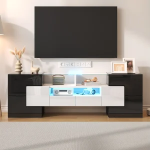 Glanzende tv-kast – Woonkamer tv-kast met ledverlichting – 6 deuren en 2 lades – zwart-wit Glanzende tv-kast – Woonkamer tv-kast met ledverlichting – 6 deuren en 2 lades – zwart-wit