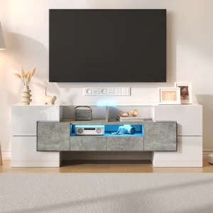Glanzende tv-kast – Woonkamer tv-kast met ledverlichting – 6 deuren en 2 lades – wit en grijs Glanzende tv-kast – Woonkamer tv-kast met ledverlichting – 6 deuren en 2 lades – wit en grijs