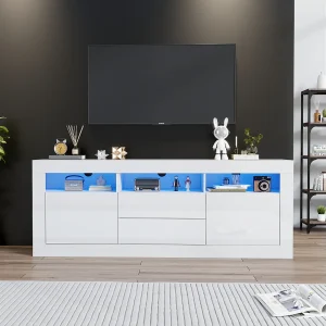 Glanzende tv-kast – Witte tv-kast met 3 open planken, 2 deuren en 2 lades – LED-verlichting Glanzende tv-kast – Witte tv-kast met 3 open planken, 2 deuren en 2 lades – LED-verlichting