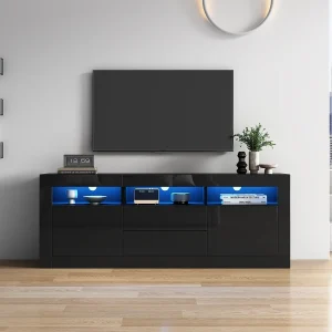 Glanzende tv-kast – Zwarte tv-kast met 3 open planken, 2 deuren en 2 lades – LED-verlichting Glanzende tv-kast – Zwarte tv-kast met 3 open planken, 2 deuren en 2 lades – LED-verlichting