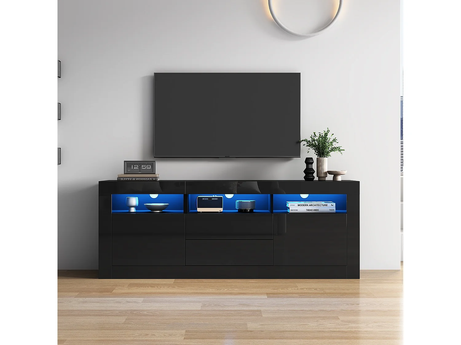 Glanzende tv-kast - Zwarte tv-kast met 3 open planken, 2 deuren en 2 lades - LED-verlichting