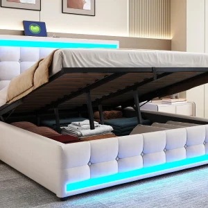 Gestoffeerd opbergbed 180×200 cm – Met USB-poort – Met LED-lichtstrip – Linnen – Beige (zonder matras) Gestoffeerd opbergbed 180×200 cm – Met USB-poort – Met LED-lichtstrip – Linnen – Beige (zonder matras)