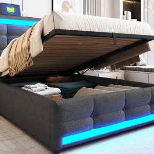 Gestoffeerd opbergbed 90×200 cm – Met USB-poort – Met LED-lichtstrip – Linnen – Grijs (zonder matras) Gestoffeerd opbergbed 90×200 cm – Met USB-poort – Met LED-lichtstrip – Linnen – Grijs (zonder matras)