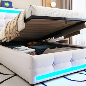 Gestoffeerd opbergbed 90×200 cm – Met USB-poort – Met LED-lichtstrip – Linnen – Beige (zonder matras) Gestoffeerd opbergbed 90×200 cm – Met USB-poort – Met LED-lichtstrip – Linnen – Beige (zonder matras)