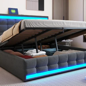 Gestoffeerd opbergbed 180×200 cm – Met USB-poort – Met LED-lichtstrip – Linnen – Grijs (zonder matras) Gestoffeerd opbergbed 180×200 cm – Met USB-poort – Met LED-lichtstrip – Linnen – Grijs (zonder matras)