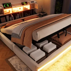 Gestoeld opbergbed 160×200 cm – met LED-verlichting – met opbergruimte – beige (zonder matras) Gestoeld opbergbed 160×200 cm – met LED-verlichting – met opbergruimte – beige (zonder matras)