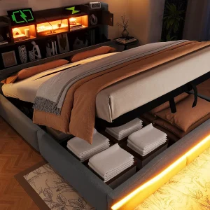 Gestoeld opbergbed 160×200 cm – met LED-verlichting – met opbergruimte – grijs (zonder matras) Gestoeld opbergbed 160×200 cm – met LED-verlichting – met opbergruimte – grijs (zonder matras)