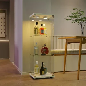 Glazen vitrinekast met ledverlichting, 1 deur en 3 vakken, 125 x 40 x 36 cm, wit