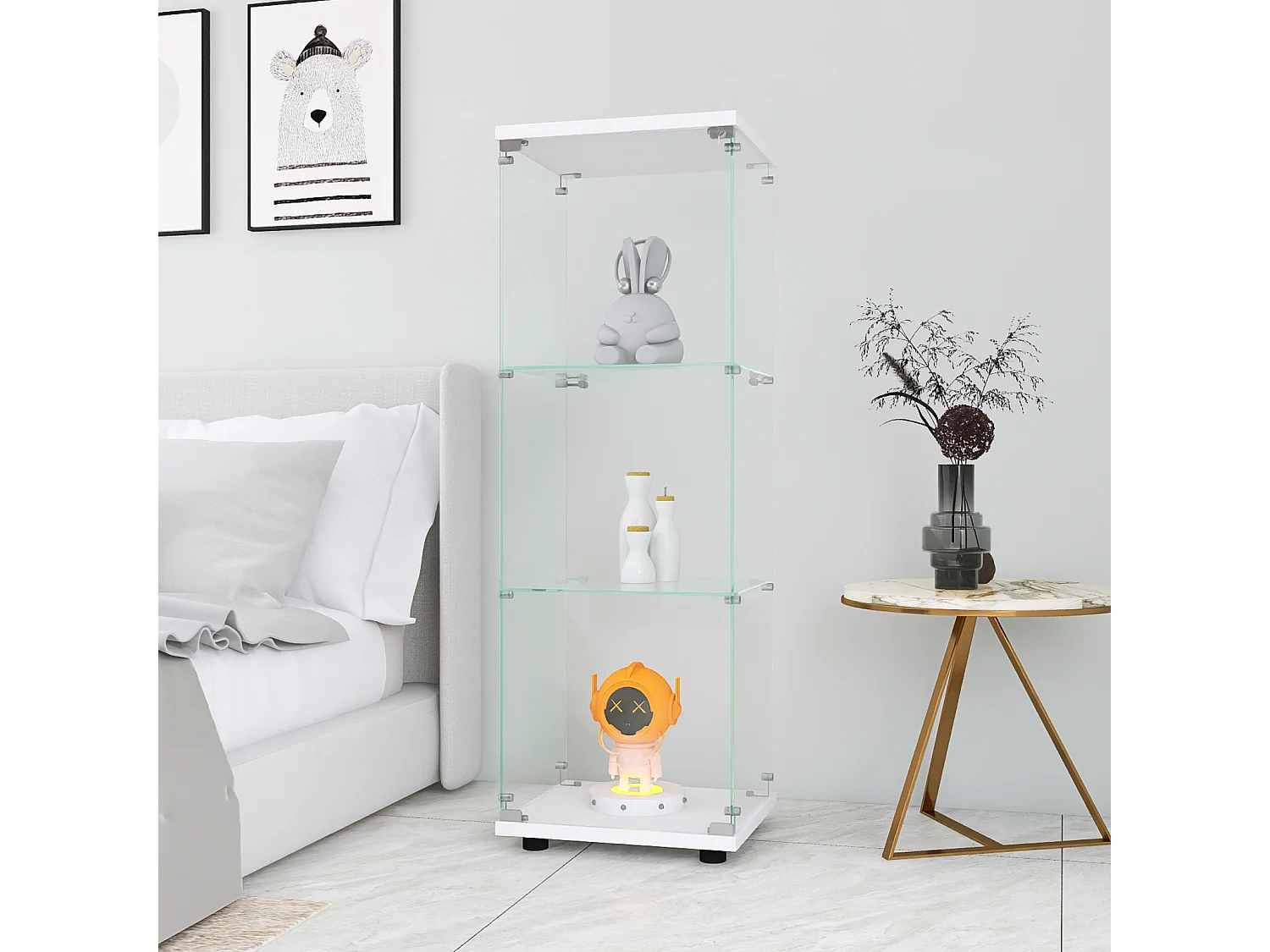 Glazen vitrinekast met 3 planken, 127 x 45 x 14 cm, vrijstaande glazen vitrinekast, vitrinekast voor de woonkamer, wit