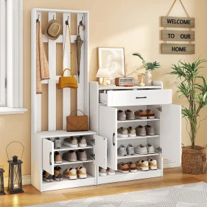 Halmeubelset – 140,6 x 32 x 180 cm – halkast + schoenenkast – spaanplaat – wit Halmeubelset – 140,6 x 32 x 180 cm – halkast + schoenenkast – spaanplaat – wit