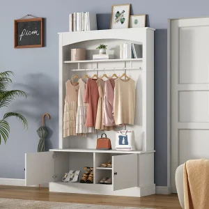 Halmeubelset – 120 x 40 x 190 cm – kapstok met schoenenbank + garderobekast – spaanplaat – wit Halmeubelset – 120 x 40 x 190 cm – kapstok met schoenenbank + garderobekast – spaanplaat – wit
