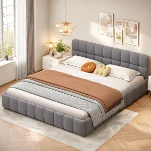 Grijs Lin Gestoffeerd Tweepersoonsbed 160×200 cm met Gewatteerde Rand, Lattenbodem, Scandinavische Stijl