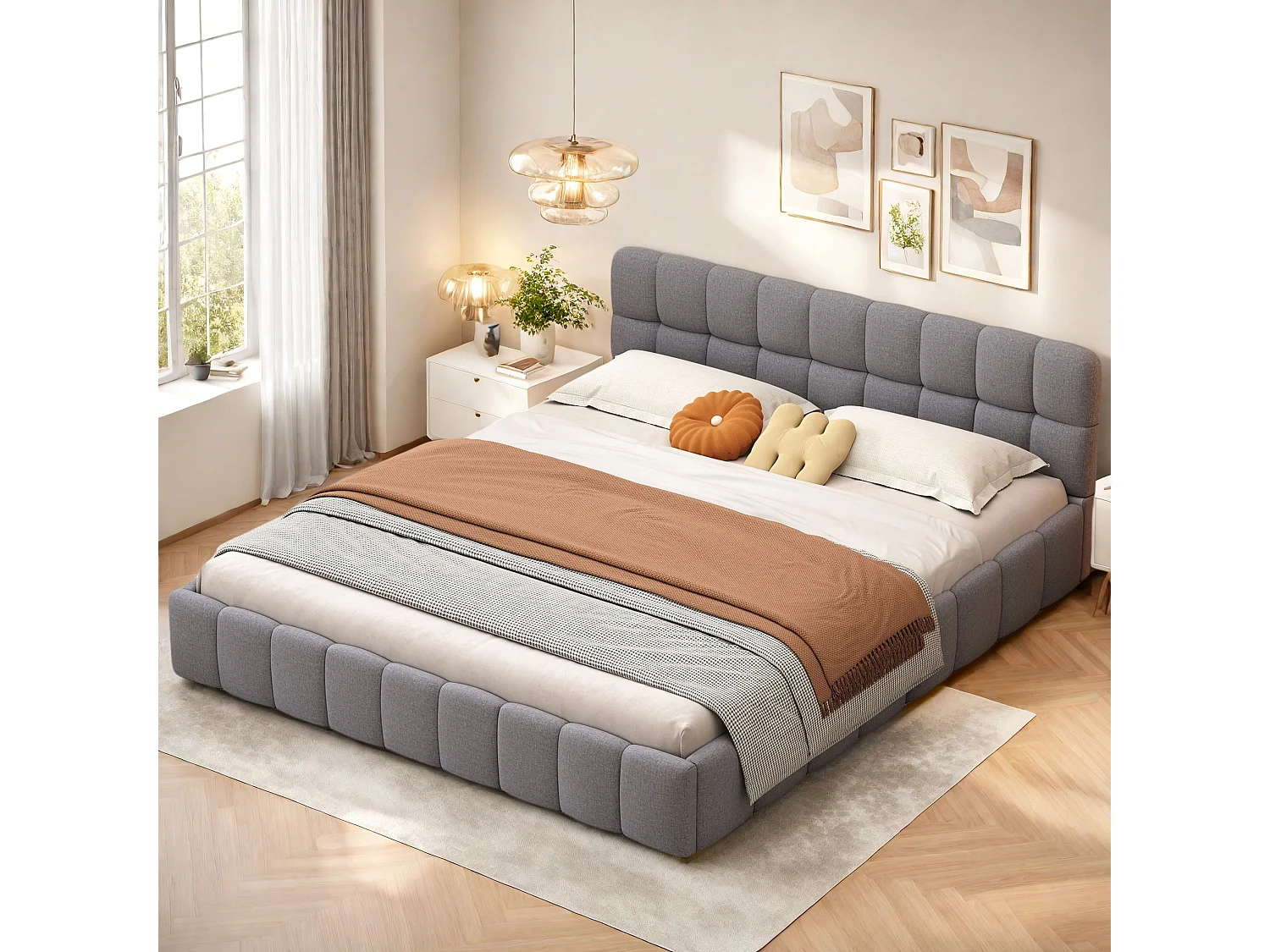 Grijs Lin Gestoffeerd Tweepersoonsbed 160x200 cm met Gewatteerde Rand, Lattenbodem, Scandinavische Stijl