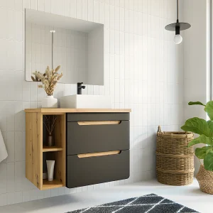 Hangend badkamermeubel met wastafel en nissen – Naturelkleur en antraciet – 80 cm – ARUBA Hangend badkamermeubel met wastafel en nissen – Naturelkleur en antraciet – 80 cm – ARUBA