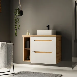 Hangend badkamermeubel met wastafel en nissen – Naturelkleur en wit – 80 cm – ARUBA Hangend badkamermeubel met wastafel en nissen – Naturelkleur en wit – 80 cm – ARUBA
