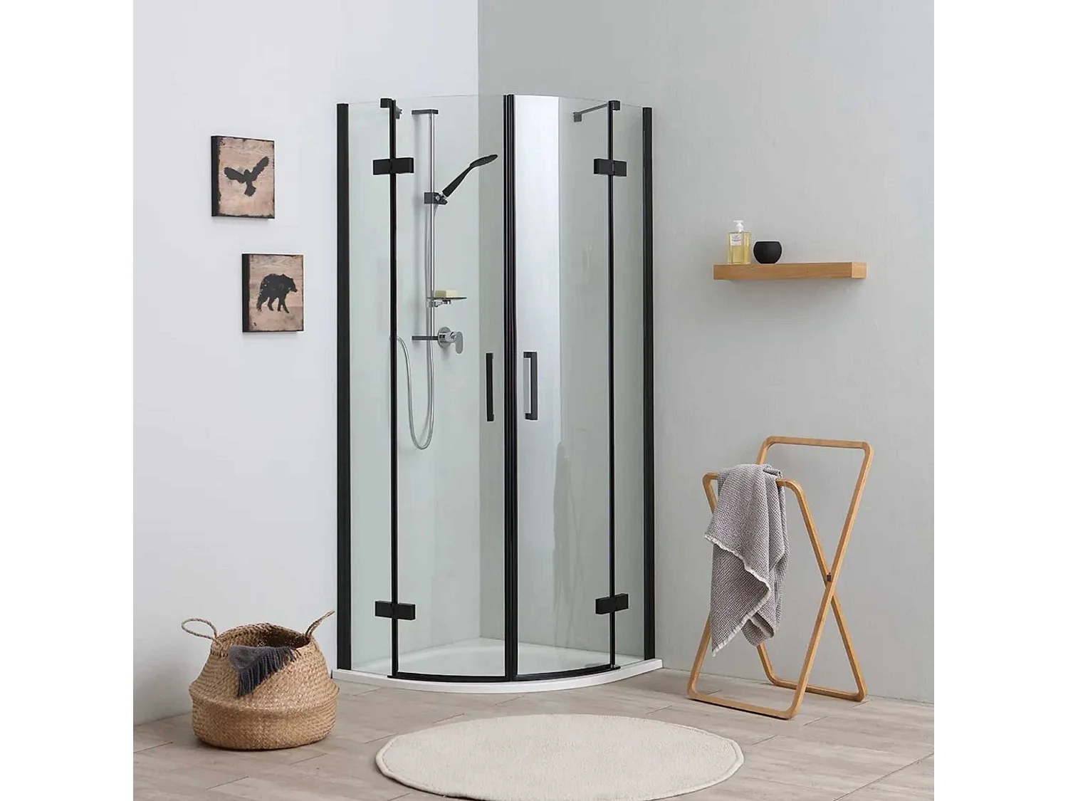 Halfronde hoekdouchecabine "Lions Two" in mat zwart glas zonder profielen cm90x90 190h