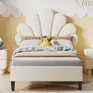 Eenpersoonsbed bekleed met fluweel – 90x200cm – bloemvormig hoofdeinde – met lattenbodem – Beige