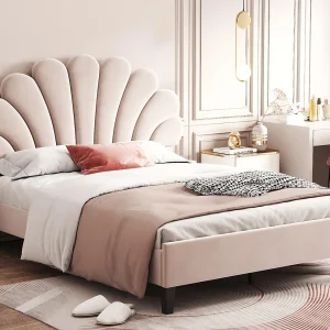 Tweepersoonsbed bekleed met fluweel – 140x200cm – bloemvormig hoofdeinde – met lattenbodem – Beige Tweepersoonsbed bekleed met fluweel – 140x200cm – bloemvormig hoofdeinde – met lattenbodem – Beige