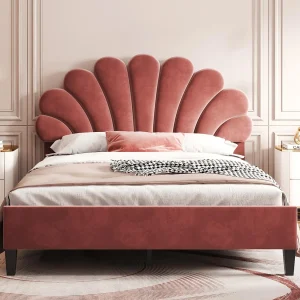 Tweepersoonsbed bekleed met fluweel – 140x200cm – bloemvormig hoofdeinde – met lattenbodem – Rood Tweepersoonsbed bekleed met fluweel – 140x200cm – bloemvormig hoofdeinde – met lattenbodem – Rood