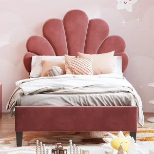 Eenpersoonsbed bekleed met fluweel – 90x200cm – bloemvormig hoofdeinde – met lattenbodem – Rood