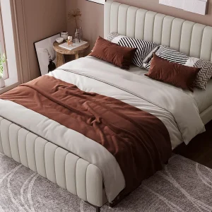 Gestoffeerd volwassenenbed in linnenstof – 160×200 cm – met verstelbaar hoofdeinde en lattenbodem – Lichtgrijs Gestoffeerd volwassenenbed in linnenstof – 160×200 cm – met verstelbaar hoofdeinde en lattenbodem – Lichtgrijs
