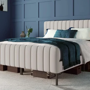 Gestoffeerd volwassenenbed in linnenstof – 180×200 cm – met verstelbaar hoofdeinde en lattenbodem – Lichtgrijs Gestoffeerd volwassenenbed in linnenstof – 180×200 cm – met verstelbaar hoofdeinde en lattenbodem – Lichtgrijs