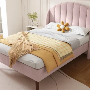 Gestoffeerd bed 90x200cm in fluweel met lattenbodem – Roze